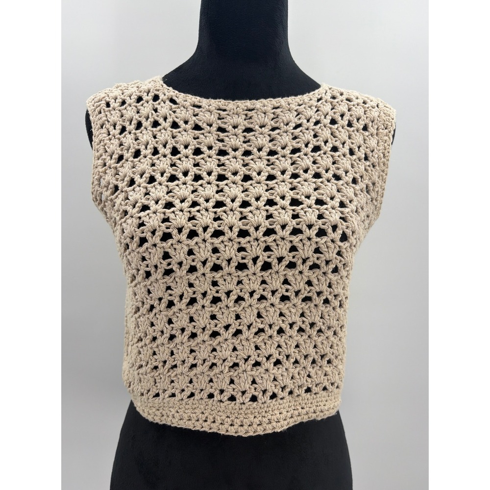 Handmade Crochet Crop Top Beige Open Knit Sleeveless Boho Tank Small